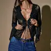 26 Blusa de chiffon estilo europeu e americano para outono, nova, com decote V, acabamento em renda e botões, para mulheres, solta, versátil, moderna e casual