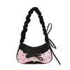 Bolsa Hobo para debajo del brazo con cuadros Vichy lindos para mujer, Bolso de hombro pequeño de nailon con correa fruncida, Adorno de encaje con patrón de manzana, Bolso de mano de estética dulce para atuendo casual