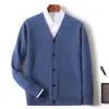 Suéter Masculino 100% Lã Pura para Primavera e Outono Cardigã de Tricô Quente com Gola V Peça Externa Solta Peça Externa Tamanho Grande Suéter de Cor Sólida