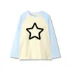 Otoño 2023 Negro y Blanco Empalmado Manga Raglán Nuevo Top Holgado y Más Fácil de Combinar Casual Delgado Estampado de Estrella de Cinco Puntas Ropa para Mujer