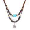 Collar de cuentas de madera multicapa transfronterizo europeo y americano para hombre, collar distintivo de cuerda de cera turquesa azul, colgante con accesorios de flores vintage