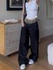 Jeans Estilo Americano Retrô Street Hot Girl Costura Estampada de Leopardo Senso de Design Falso Duas Peças Calças de Cintura Larga Calças Casuais Largas