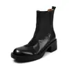 Botines de piel de vaca de primera capa para mujer, acabado pulido, nuevo estilo otoño/invierno, piel genuina, punta redonda, tacón medio a grueso, bota individual, bota corta
