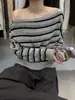 Solo Uno VI+ Nuevo Otoño Estilo Coreano Bloque de Color Rayas Ajustado Hombros Descubiertos Manga Larga Suéter de Punto para Mujer 99206