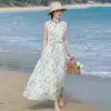 Primavera/Verano 2026 Nuevo 100% Lino Estampado Nuevo Estilo Chino Viaje Encaje Artístico Cuello de Contraste Vestido de Hada
