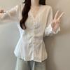 Camisa de Manga Larga con Encaje Empalmado Estilo Francés Nueva de Otoño para Mujer para Cubrir el Vientre, Cintura Delgada y Camisa Delgada con Cordones