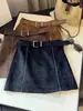 Saia Vintage de Camurça Cor de Café para Mulheres, Nova Outono Cintura Alta Linha A Emagrecedora Versátil Bodycon Mini Saia para Mulheres Baixas