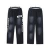 Serie H-Start Pantalones Casuales de Pierna Ancha Sueltos con Estampado de Retrato Vintage Lavado Retro Europeo y Americano con Cordón