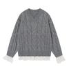 Suéter de Encaje Coreano con Empalme Retro Retorcido Cuello en V Gris para Mujer 2025 Nuevo Otoño e Invierno Suéter de Punto Holgado