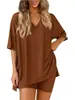 2026 Verano Nuevo Transfronterizo Europeo y Americano Amazon Moda Casual Cuello en V Color Sólido Holgado Conjunto de Pijama