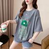 Camiseta de Manga Curta Nova para Verão 2023 com Strass, Estilo Preguiçoso, Top Soltinho de Comprimento Médio, Versátil