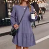 Vestido de Pastel en Capas de Pana Cuello Redondo Manga Larga Abullonada Holgado Cubre Imperfecciones Casual Vestido Corto para Mujer