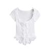 Suéter de manga curta com costura de renda feminino verão Sweet Spice Girl Slim-fit elástico curto ombro irregular