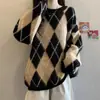 Suéter Acolchado de Punto con Color de Contraste Retro para Mujer en Otoño e Invierno Nuevo Estilo Holgado Elegante Estilo Perezoso Suave y Sedoso Top de Punto