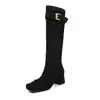 Botas altas ajustadas de gamuza estilo coreano para mujer, botas elásticas, nuevo estilo otoño e invierno, punta cuadrada, lazo, tacón medio grueso, botas altas hasta la rodilla para mujer
