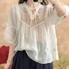 Novo top de verão estilo chinês, literário e retrô com amarração frontal, modelagem solta e estiloso, camisa de manga comprida lisa versátil para mulheres