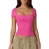 Amazon Transfronteiriço Europeu e Americano Top Feminino Slim-fit Emagrecedor Ombligo Cor Sólida Gola Quadrada Camisa Base Manga Curta Suave Gola Quadrada