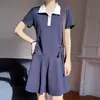Vestido Ruched Branco com Gola Polo para Mulheres, Vestido Coreano de Manga Curta Verão 2026, Vestido Evasê Estilo College