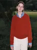 Suéter Minimalista Versátil de Cuello en V Vintage Otoño Invierno Azul Marino Versátil para el Trabajo Top de Punto Holgado para Mujer