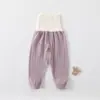 Calça longa de algodão puro para bebê, cintura alta, protege a barriga, adequada para bebês e crianças pequenas, calça longa de base para outono, calça de cintura alta grau A para bebês e crianças pequenas