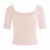 Camiseta curta de manga curta para mulheres, gola U, manga média, ombro normal, peso 260g, rayon, para atacado transfronteiriço, verão, corte justo e emagrecedor