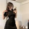 Falda corta con cordón de verano para mujer, elegante, dulce, con cintura pequeña, adelgazante, con solapa y botones, vestido de manga corta