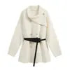 Abrigo de punto asimétrico con solapa grande para otoño e invierno para mujer, de doble botonadura con cinturón, chaqueta de punto de longitud media, 4 colores en stock