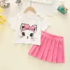 Conjunto Infantil de Verano Lindo Estilo Academia Coreana para Niñas, Camiseta con Estampado de Gato y Falda Plisada, Venta Caliente Transfronteriza