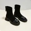 Botas femininas de camurça marrom com solado grosso e salto grosso, versáteis para o dia a dia, bico redondo, zíper traseiro, botas elásticas de ajuste justo, em estoque