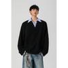 Camiseta de manga larga con cuello de camisa falso de dos piezas gofrado para hombre, primavera 2025, nuevo, holgado, estilo universitario, ropa superior