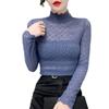 Camiseta Base de Encaje de Cuello Medio-Alto para Mujer en Otoño e Invierno, Adecuada para Combinar con Suéteres o Peluche, con Forro Polar Añadido y Top de Malla Gruesa de Cuello Medio con Mangas Largas
