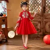 Vestido cheongsam estilo chinês de princesa para crianças, vestido de Ano Novo de malha de manga comprida para meninas, vestido de apresentação de palco para meninas