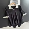 2026 Tricô Tencel com Ponto de Trança Color Block Falso Duas Peças Manga Curta Verão Fino Camiseta Atacado H02At1553