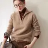 100% Caxemira Pura Outono/Inverno Novo Estilo Feminino Meio Zíper Gola Meia Aberta Tricô Camada Base Suéter Retrô