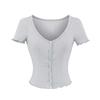 Camiseta Retrô Americana de Corte Justo com Botões de um Lado para Mulheres, Estilo Curto, Barriga de Fora, Gola V, Corte Slim, Costela Vertical, Cardigã Casual Versátil, Manga Curta