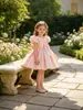 Vestido Novo para Festa de 1º Aniversário de Bebês e Crianças Pequenas 2025 Laço Manga Bufante Vestido Infantil Vestido de Princesa