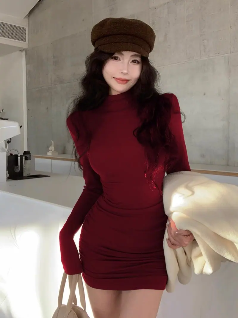 商品详情图_2024新款半高领打底长袖连衣裙女秋冬修身包臀性