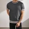 Top de Punto Cruzado para Hombre de Manga Corta, Bloques de Color, Rayas, Cuello Redondo, Estilo Old Money, Negocios, Gama Alta, Verano, Seda Helada, Casual
