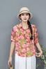 Blusa de algodón y lino con estampado retro artístico de verano para mujer, holgada, adelgazante, elegante, de manga corta, con cuello vertical, talla grande.