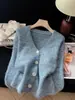 Cárdigan de punto azul de alta gama con cuello en V para mujer, otoño, nicho, casual, versátil, de corte holgado y adelgazante