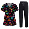 Conjunto de Ropa para Lavar a Mano Estampado Pantalones Rectos Elásticos Finos de Color Puro Ropa de Trabajo para Hospitales y Spas Ropa de Enfermera Talla Grande Exportación