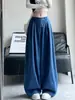 Calça de trabalho azul de perna larga para mulheres, novo modelo outono 2026, cintura alta, modeladora, calça casual curva estilosa para baixinhas