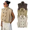 Atacado de fabricante de roupas femininas transfronteiriço 2026 estilo europeu e americano moderno solto de abotoamento duplo com pregas gola alta sem mangas colete trench coat