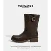 Dr de Cuero de Vaca Retro. Botas Martens para Mujer 2026 Otoño Nuevo Estilo Tacón Grueso Suela Gruesa Botas de Caña Media Arrugadas Pantorrilla Ancha Botas de Tobillo de Caballero