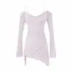 Camiseta Sexy Estilo Puro Deseo Ligeramente Transparente de un Solo Hombro y Manga Larga para Mujer Principios de Otoño Blanca Cintura Adelgazante Longitud Midi