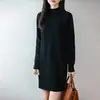 Vestido de punto 100% lana pura con cuello semialto, nuevo invierno 2026 para mujer, color liso, holgado, de cintura alta, midi