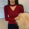 Cárdigan de Punto Chic con Mangas Abullonadas Estilo Francés 2026 para Mujer Invierno Nuevo Estilo Versión Coreana Halter Cuello en V Diseño Sutil Top para Instagram