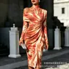Transfronterizo Nuevo Estampado Digital Casual Personalidad Moda Temperamento Vestido de Manga Larga Hombros Descubiertos Falda Primavera y Otoño Mujer
