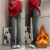 Jeans Gruesos Elásticos Forrados de Polar Talla Grande para Mujer Invierno 2025 Cintura Alta Adelgazantes Pierna Recta con Abertura Inferior para Mujeres con Curvas