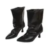 Botas Femininas de Cano Médio e Alto, Bico Fino, Salto Bloco, Estilo Europeu e Americano, Novidade Outono/Inverno com Salto Fino e Cano Larga Franzido, Botas Fashion